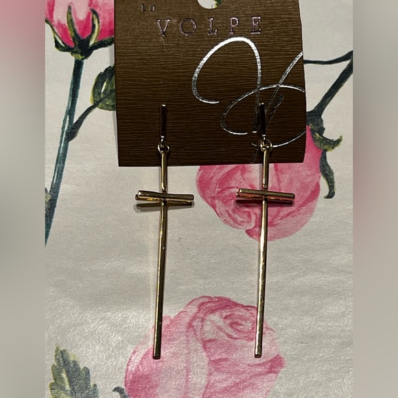New La Volpe 2.5” Gold Tone Dangling Cross Shape Earrings - Picture 9 of 10